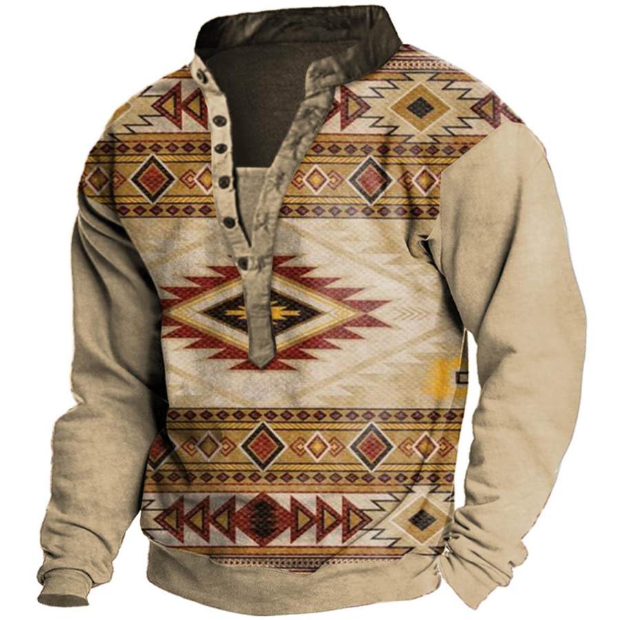 

Men's Vintage Ethnic Geometric Henley Sweatshirt