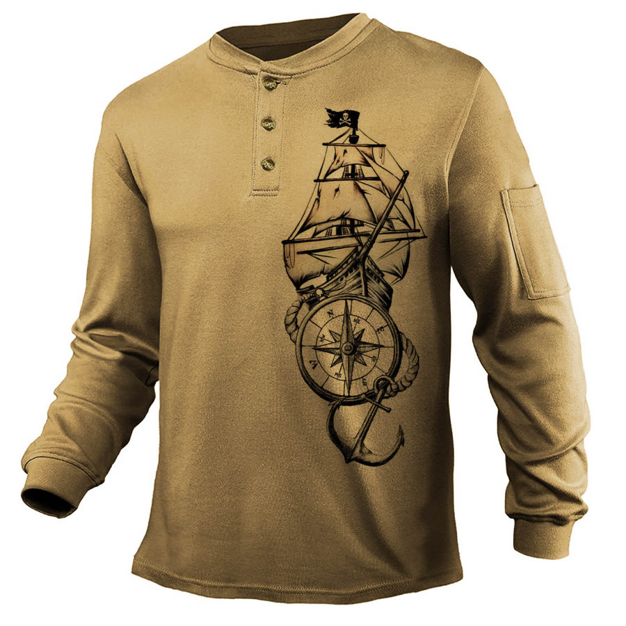 

Men's Vintage Sailing Compass Henley Long Sleeve T-Shirt