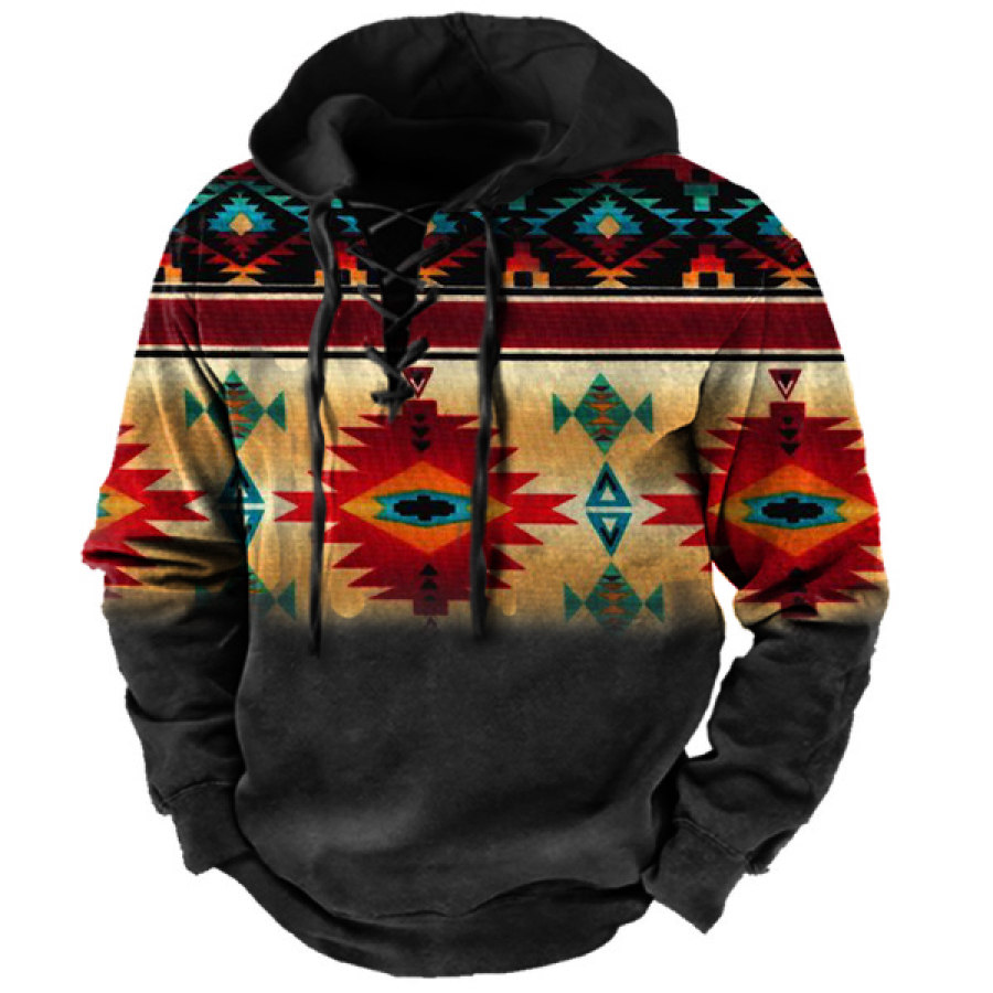 

Men's Ethnic Geometric Pattern Cross Strap Hoodie