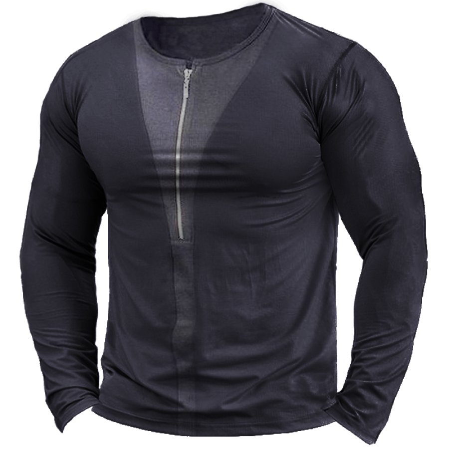 

Men's Retro Zip Patchwork Long Sleeve T-shirt