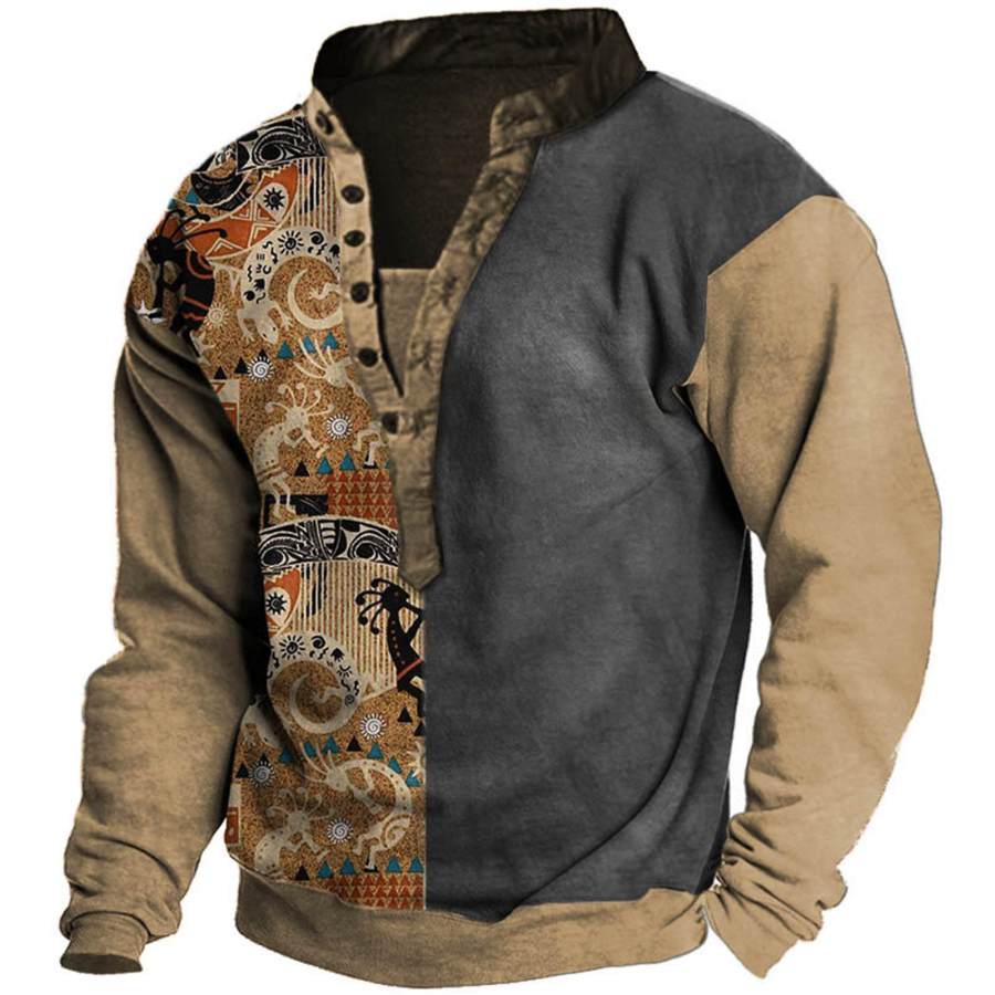

Men's Vintage Ethnic Geometric Henley Sweatshirt