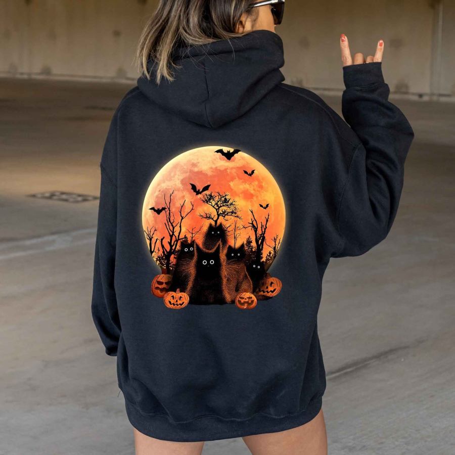 

Women's Black Cats Moon Halloween Print Hoodie