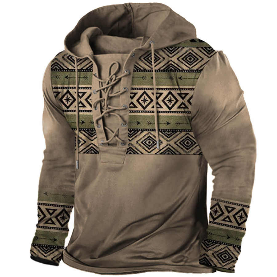 

Men's Ethnic Geometric Pattern Lace-Up Long Sleeve Hooded T-Shirt