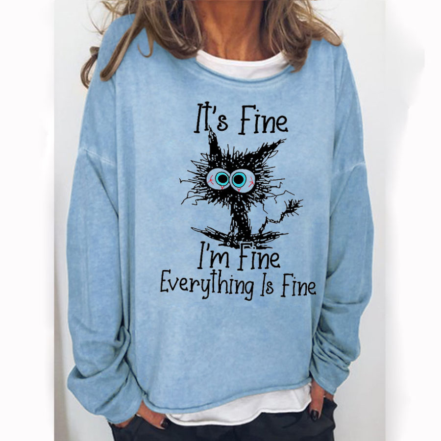 

Womens Funny I Am Fine Black Cat Letter Crew Neck Sweatshirts