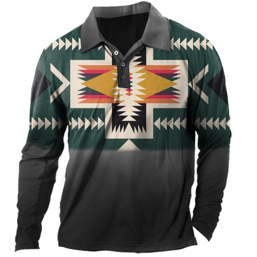 

Men's Outdoor Ethnic Geometric Print Polo Long Sleeve T-Shirt