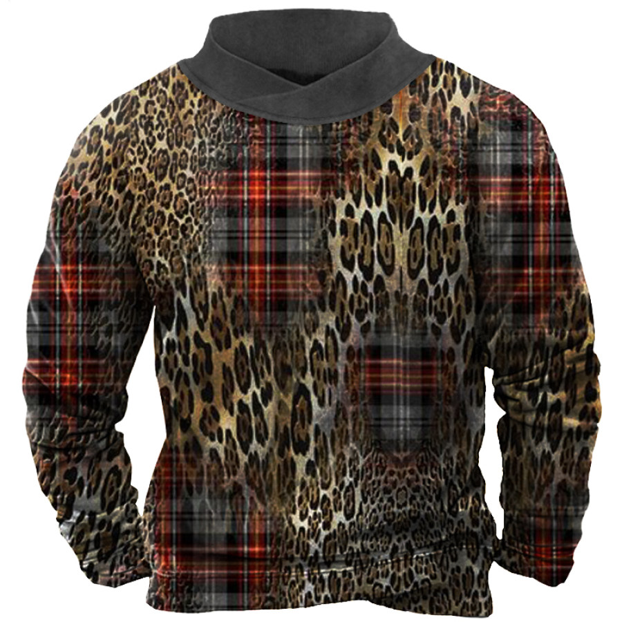 

Men's Retro Plaid Leopard Print Patchwork Sweatshirt