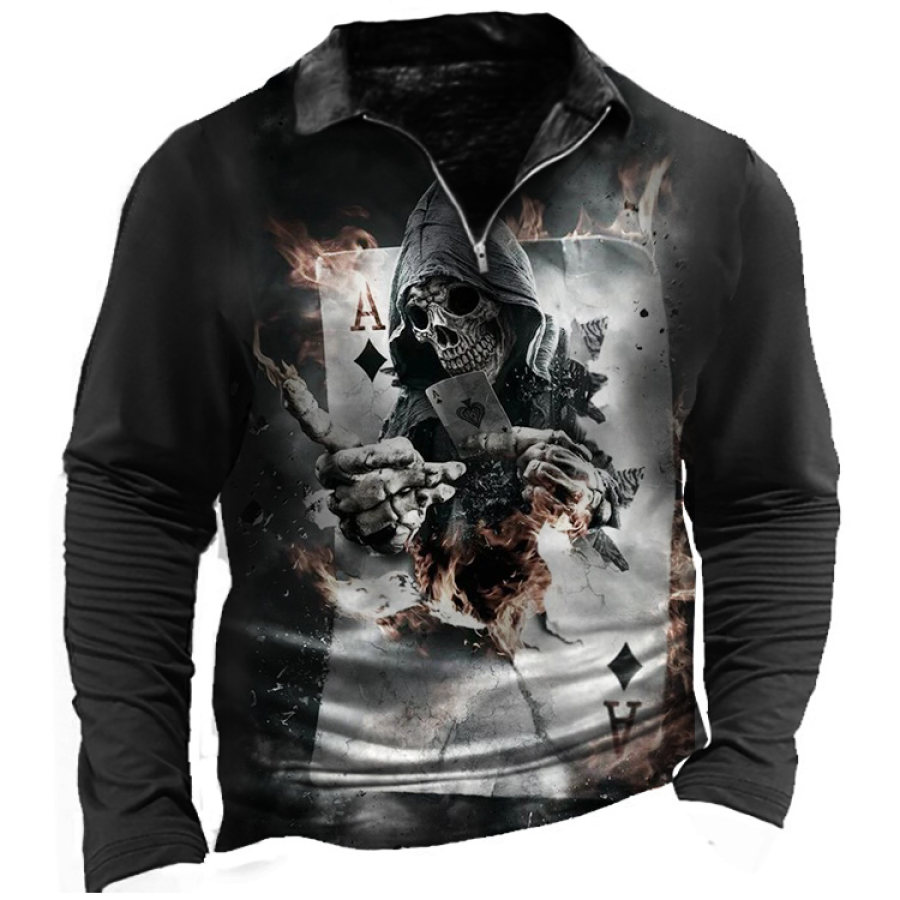 

Men's Outdoor Skull Playing Cards Zip Polo Long Sleeve T-Shirt