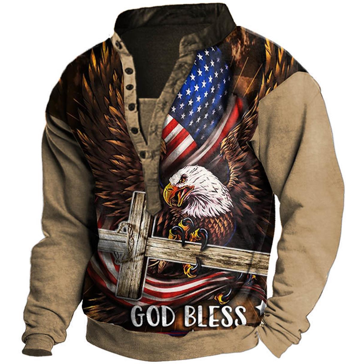 Men's Outdoor American Flag Eagle Cross Henley Sweatshirt