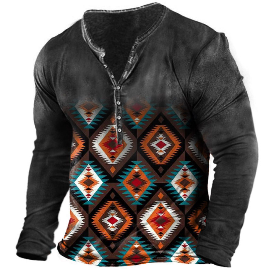 

Men's Vintage Ethnic Geometric Pattern Henley Long Sleeve T-Shirt