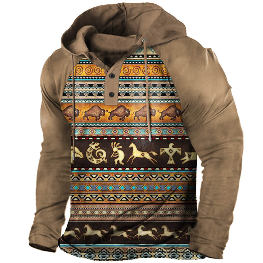 

Men's Vintage Western Aztec Hooded Long Sleeve T-Shirt