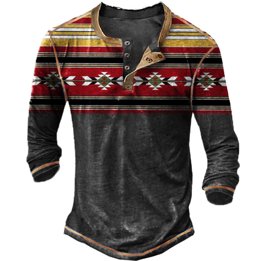 

Men's Vintage Ethnic Geometric Pattern Henley Long Sleeve T-Shirt
