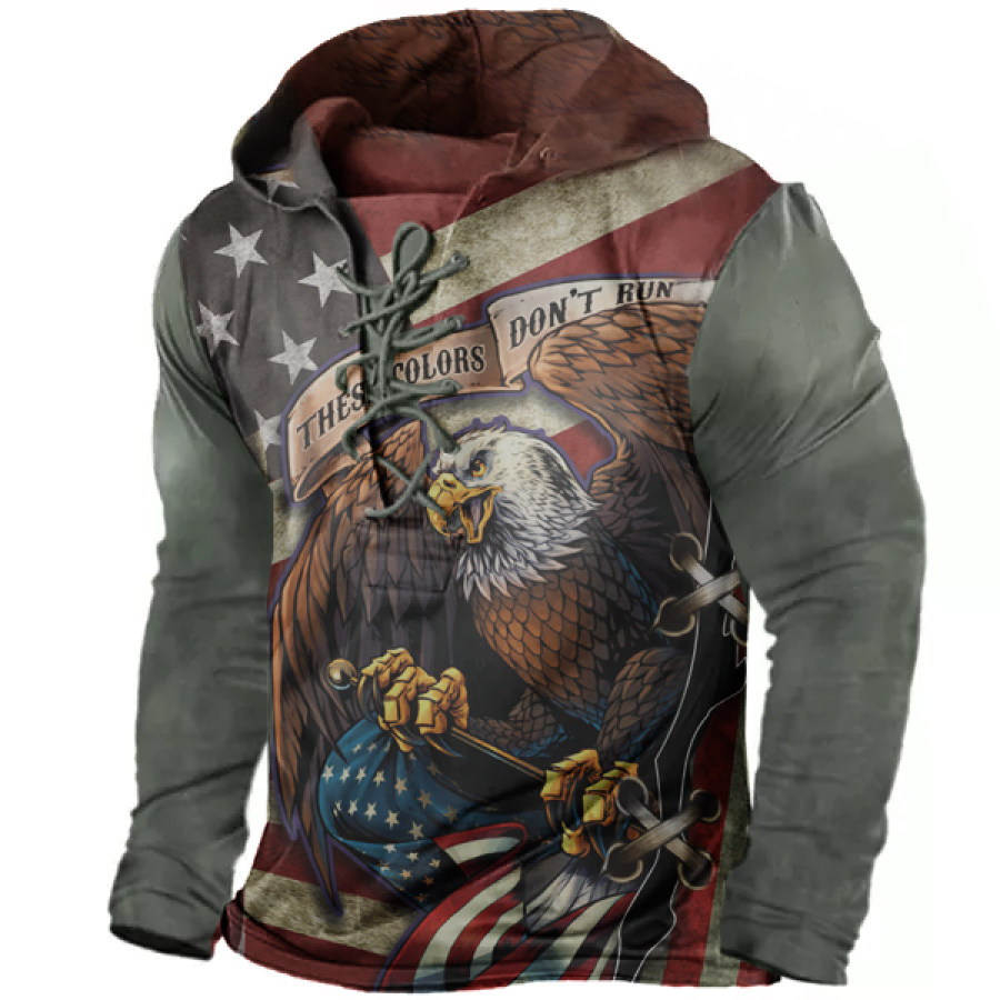 

Men's Vintage American Flag Liberty Eagle Print Drawstring Hooded T-Shirt