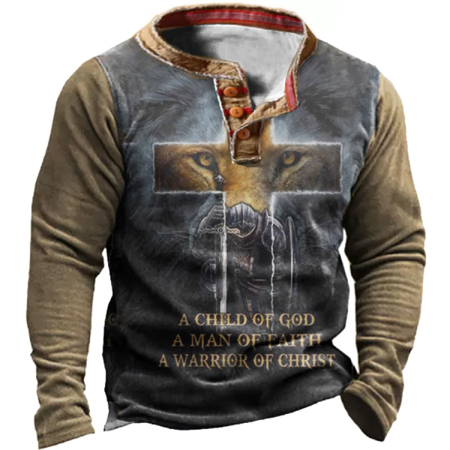 

Men's Knight God Jesus Print Henley Sweatshirt