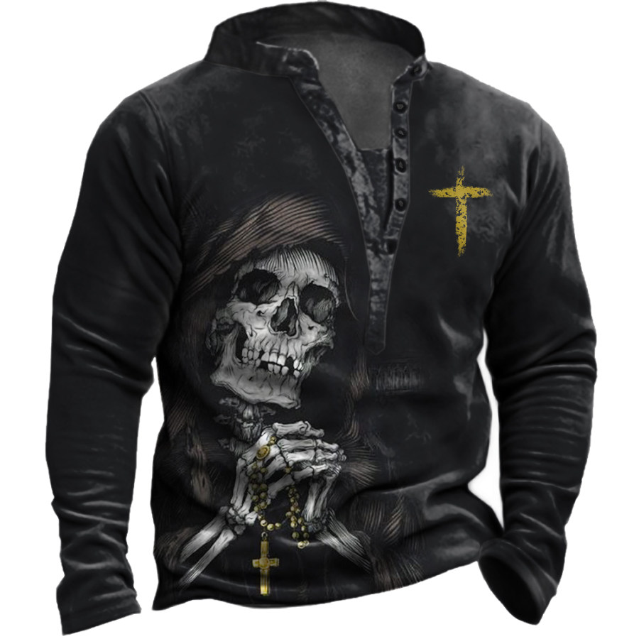 

Men's Skull Jesus Cross Print Henley Collar Sweatshirt