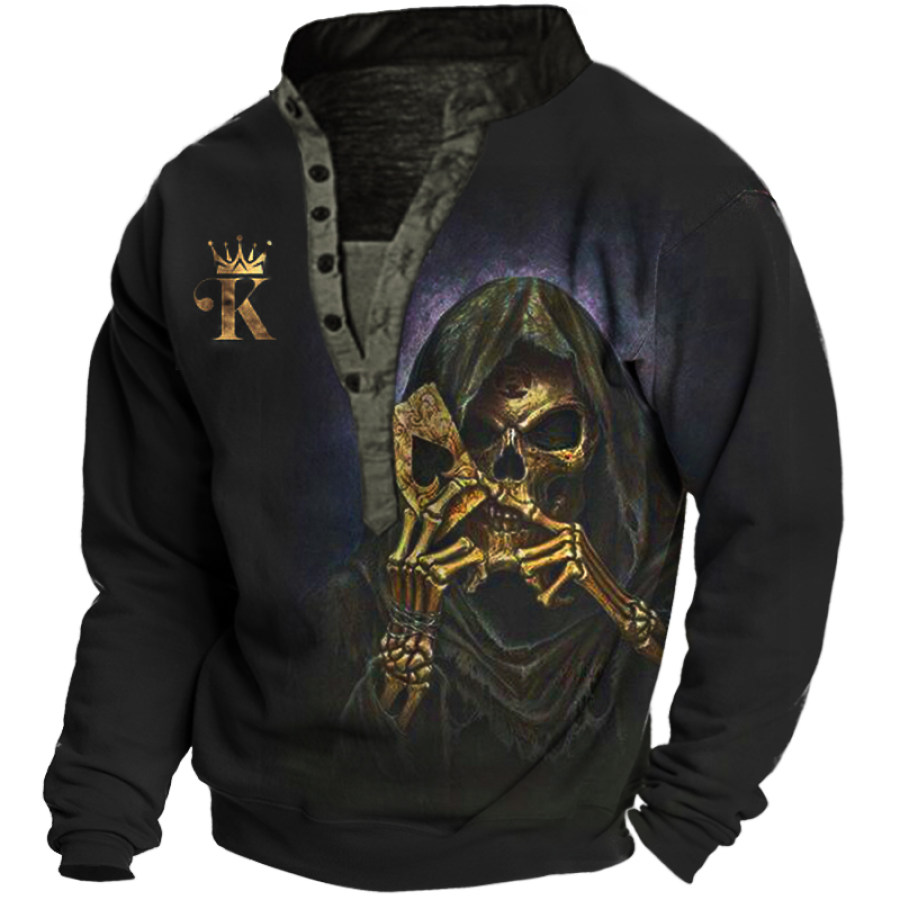 

Men's King Crown Skull Reaper Print Henley Collar Sweatshirt