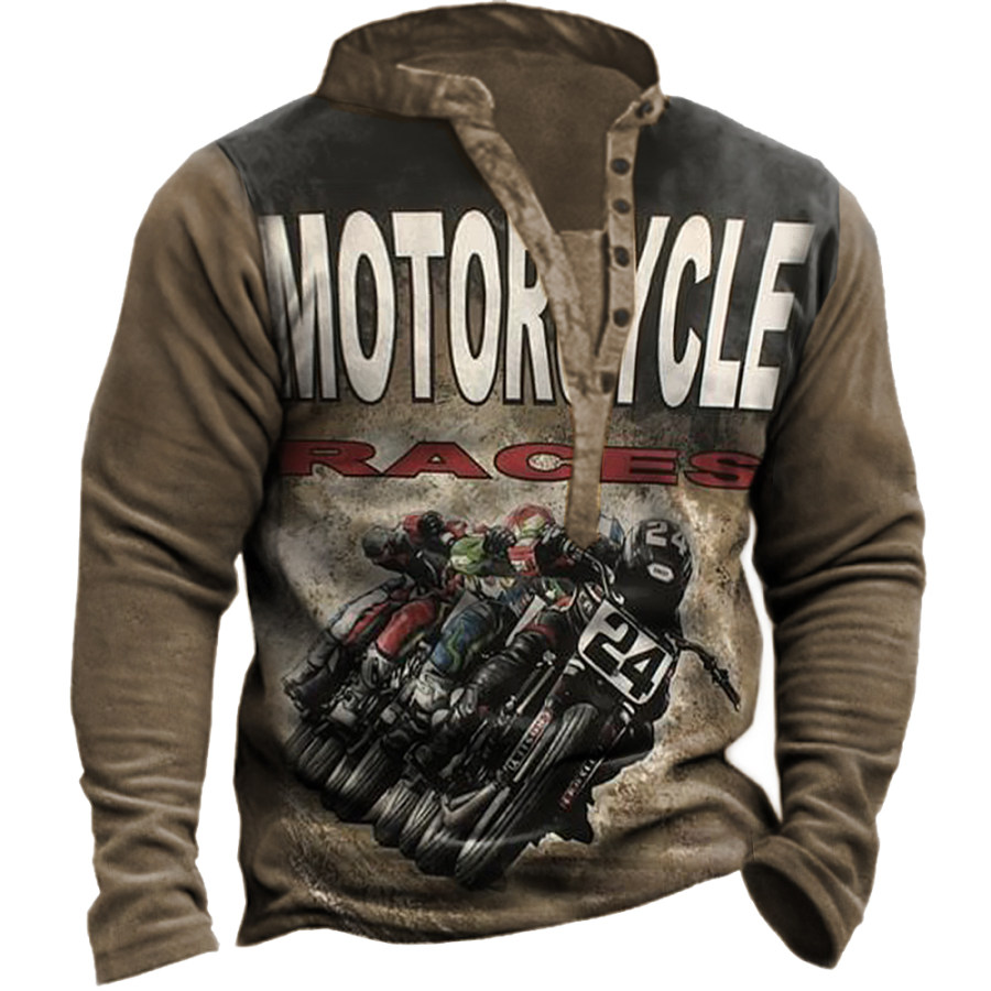 

Men's Vintage Motorcycle Race Print Henley Collar Sweatshirt