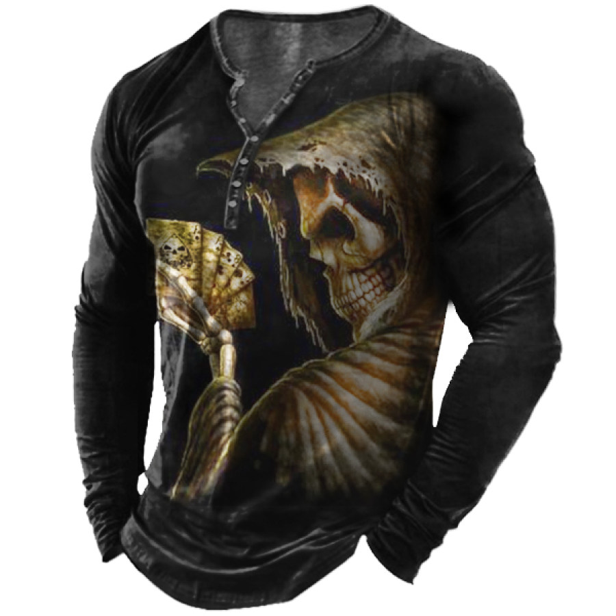 

Men's Skull Poker Print Henley Collar Long Sleeve T-Shirt