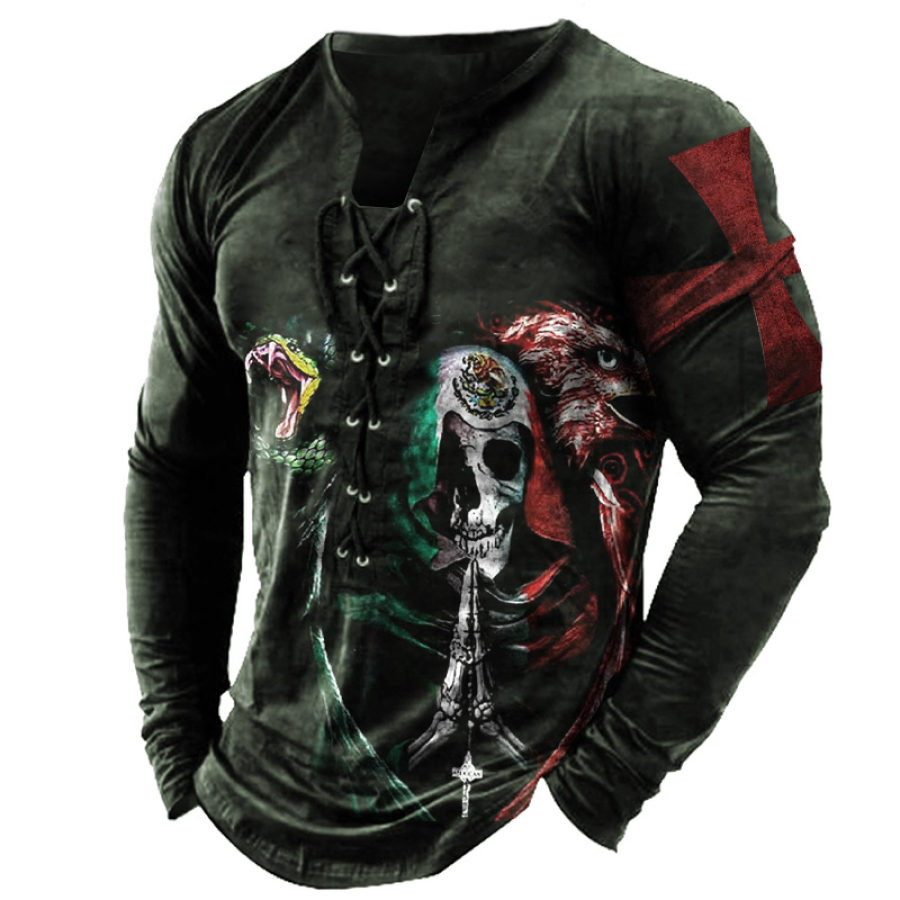 

Outdoor Men's Death Cross Print Lace-Up T-Shirt
