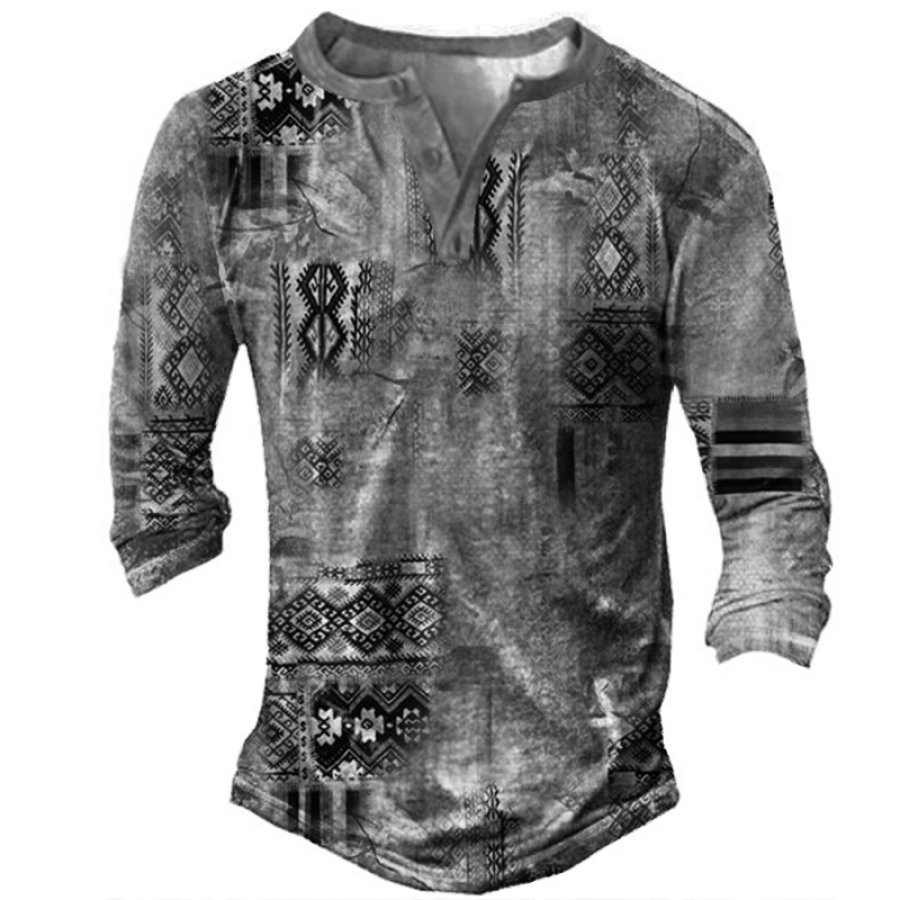 

Men's Vintage Ethnic Print Henley Collar T-Shirt