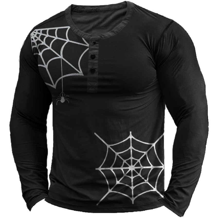 

Men's Halloween Spider Print Henley Collar T-Shirt