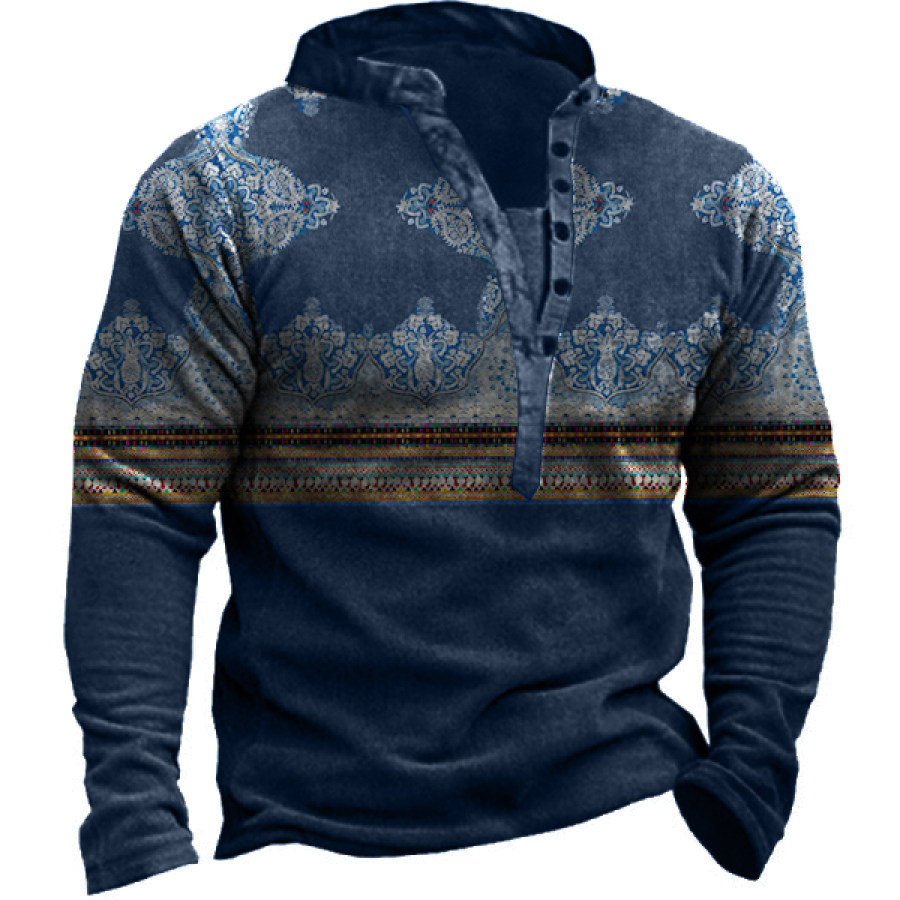 

Men's Vintage Ethnic Print Henley Collar Sweatshirt