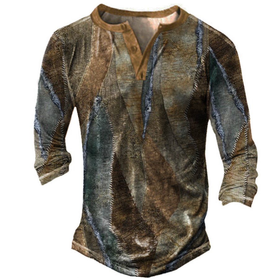 

Men's Vintage Geometric Patchwork Color Henley Collar T-Shirt