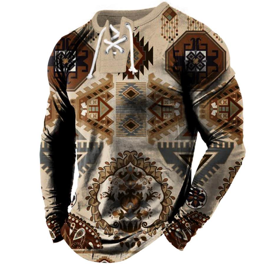 

Men's Vintage Ethnic Geometric Pattern Lace Up Long Sleeve T-Shirt