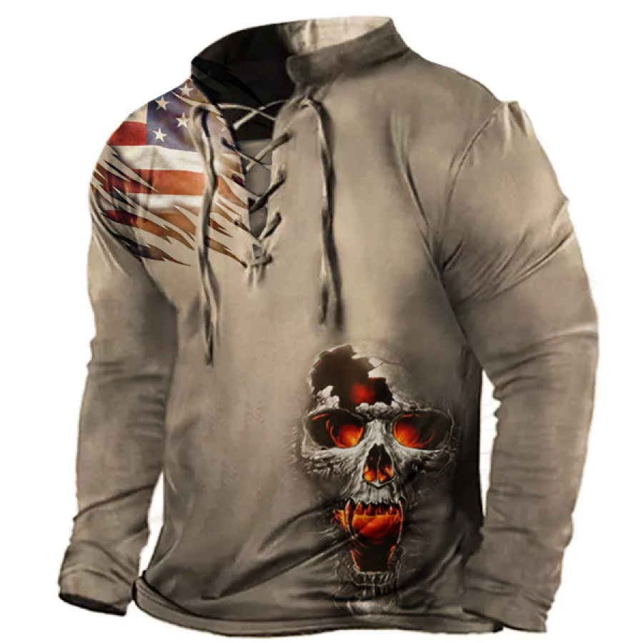 

Men's Vintage American Flag Halloween Skull Drawstring Henley T-Shirt