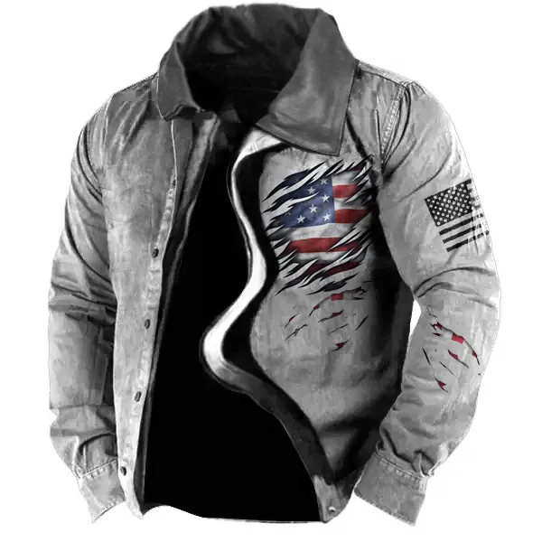 Men's Vintage American Flag Print Leather Collar Tactical Jacket - Sanhive.com 