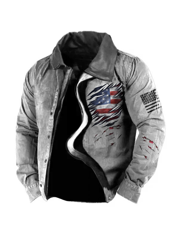 Men's Vintage American Flag Print Leather Collar Tactical Jacket