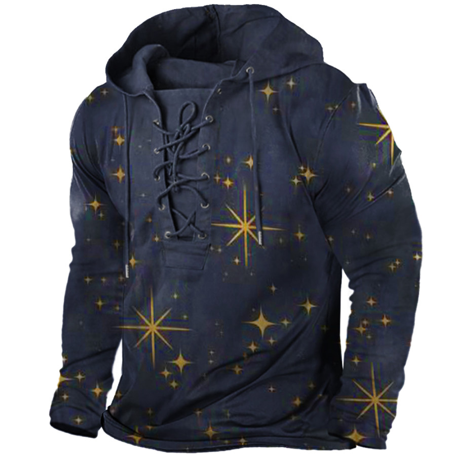

Men's Star Print Vintage Tie Hooded Long Sleeve T-Shirt