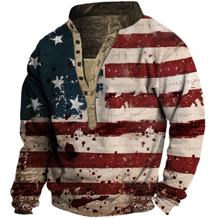 

Men's Vintage American Flag Print Henley Collar Sweatshirt