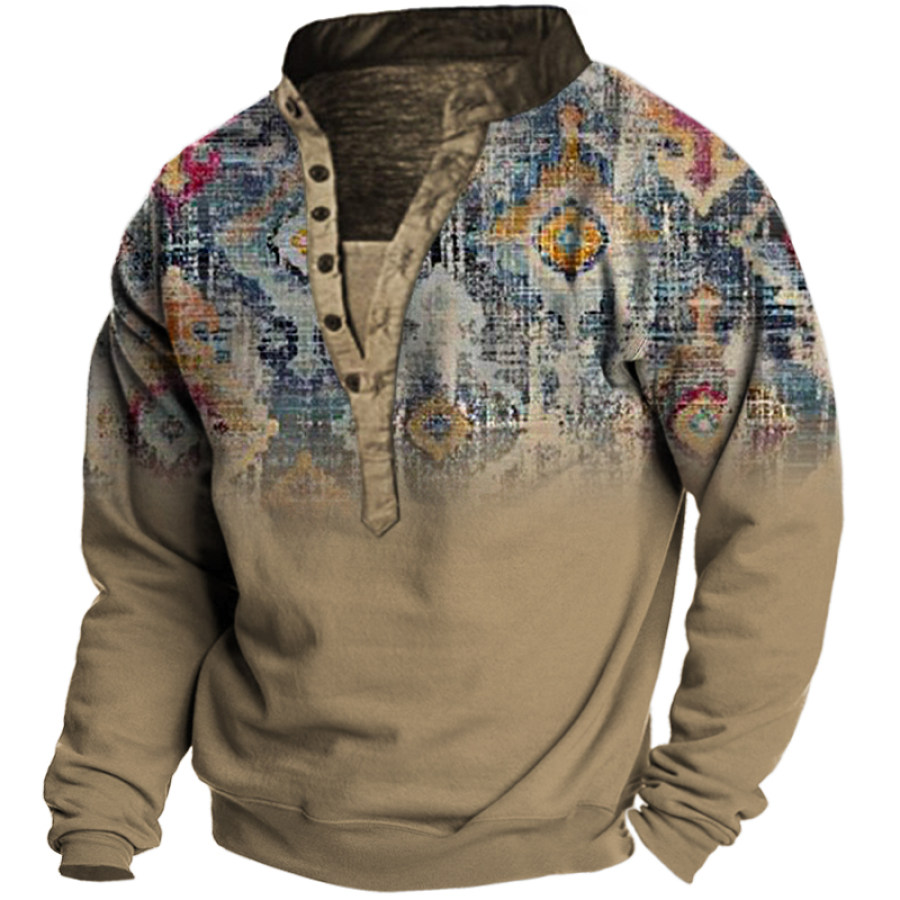 

Men's Vintage Western Ethnic Print Henley Collar Sweater