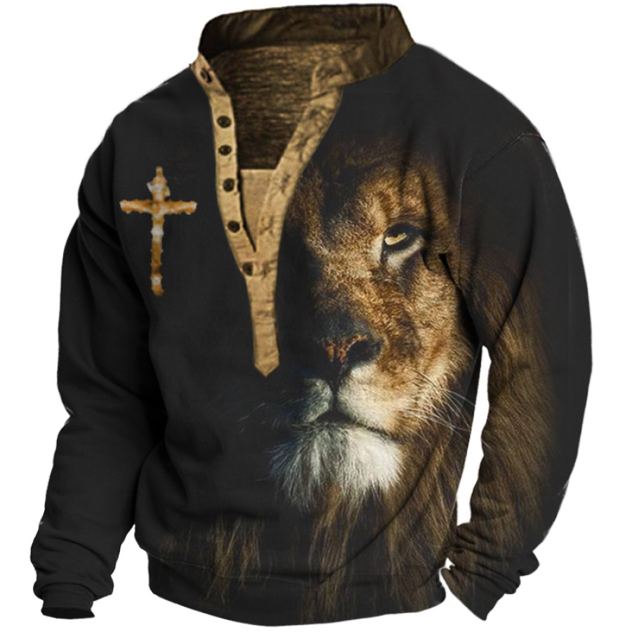

Men's Lion Jesus Cross Print Henley Collar Top