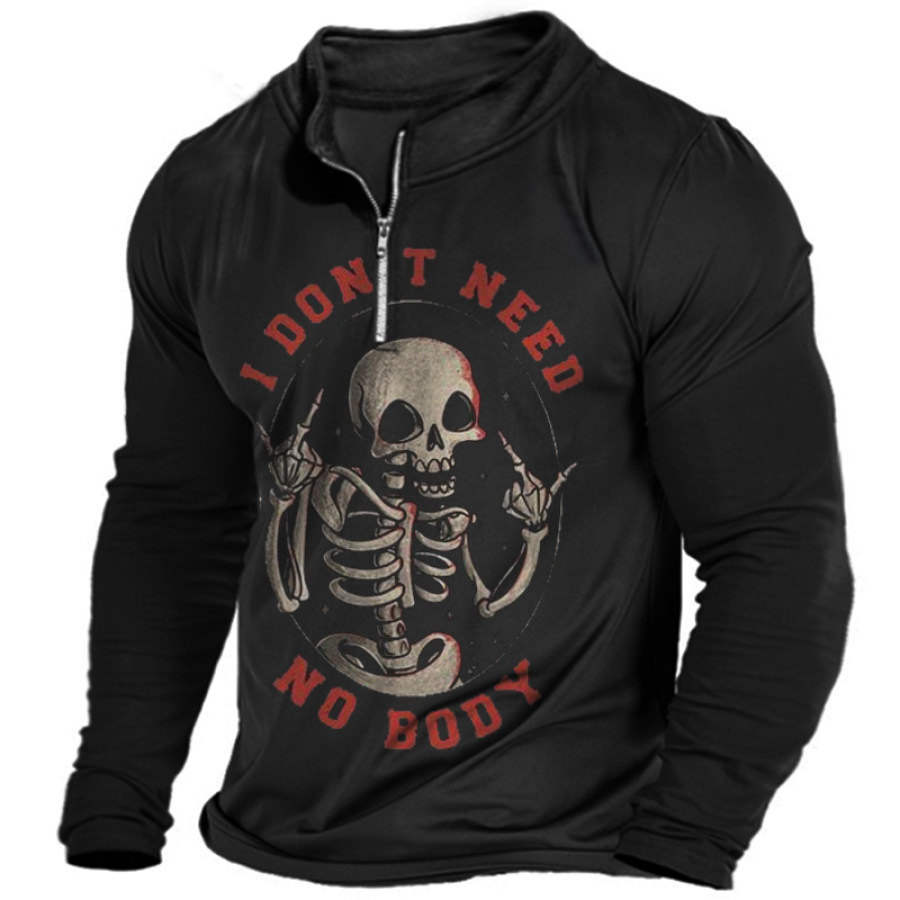 

I Don't Need No Body Men's Vintage Skull Halloween Zip Collar T-Shirt