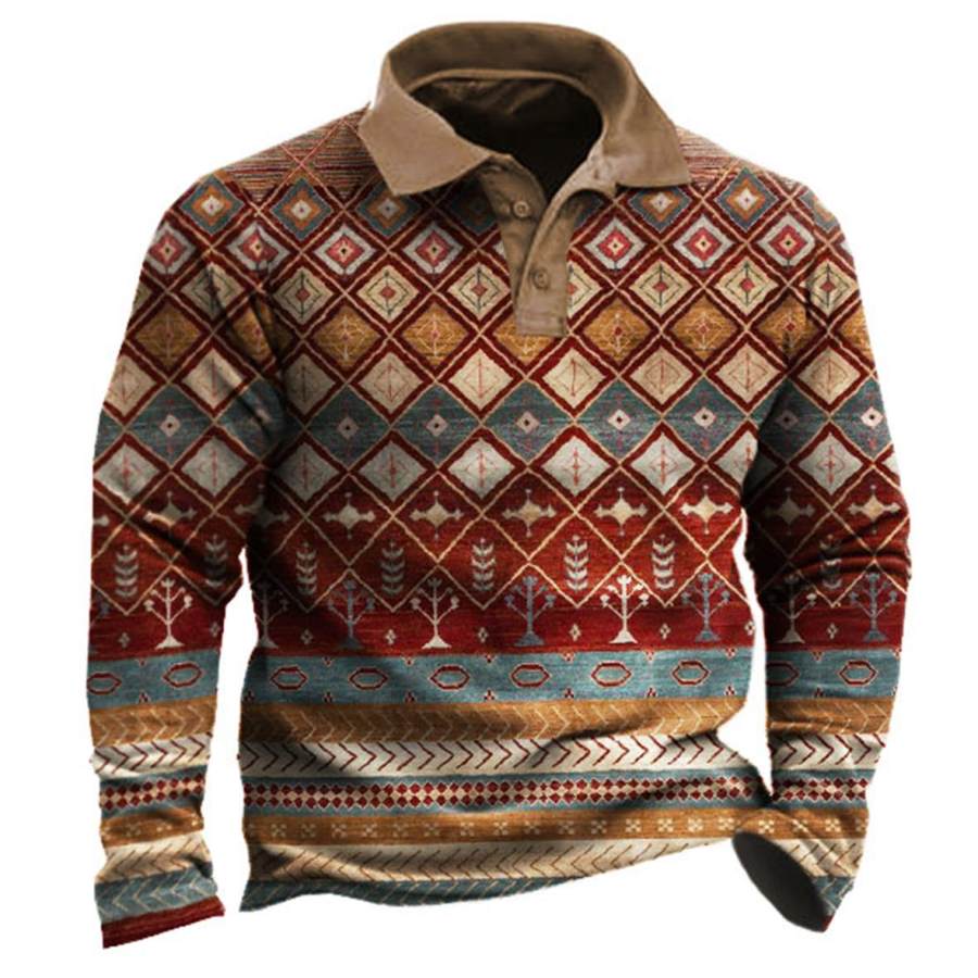 

Men's Vintage Ethnic Geometric Polo Sweatshirt