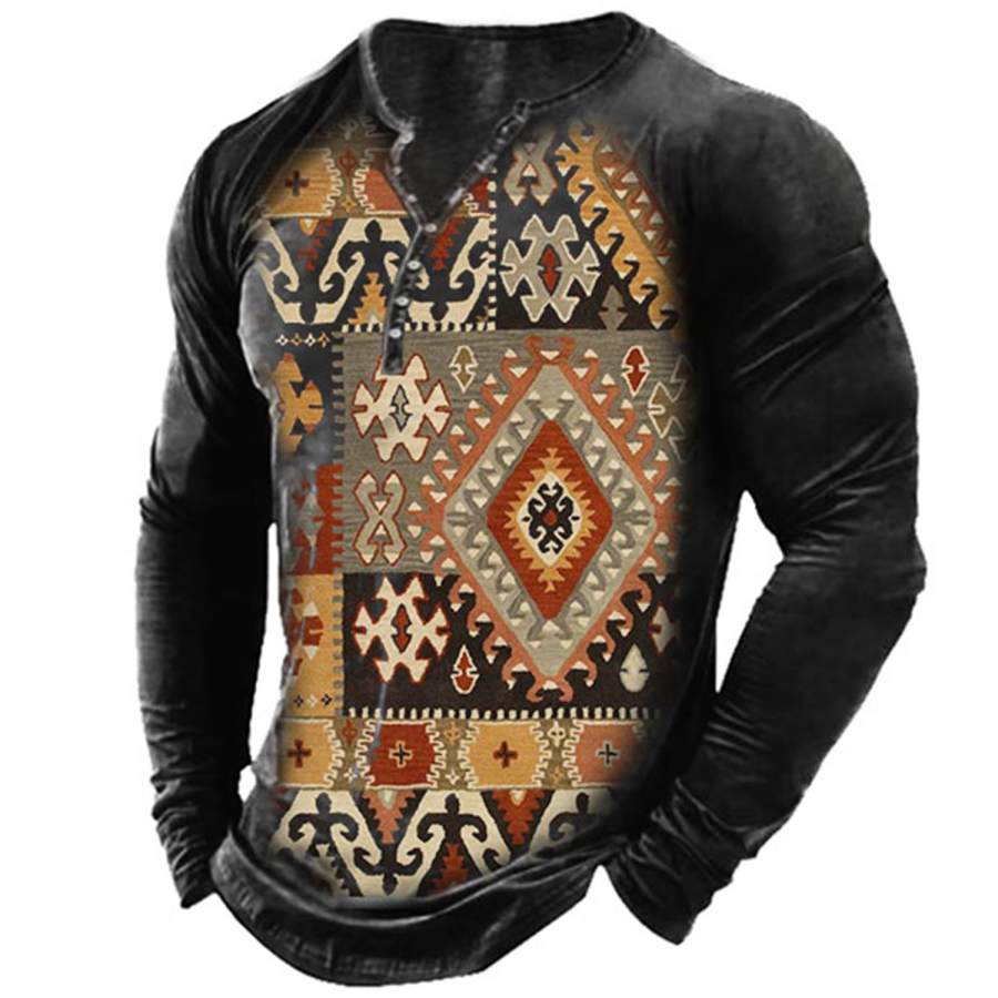 

Men's Ethnic Geometric Print Henley Long Sleeve T-Shirt