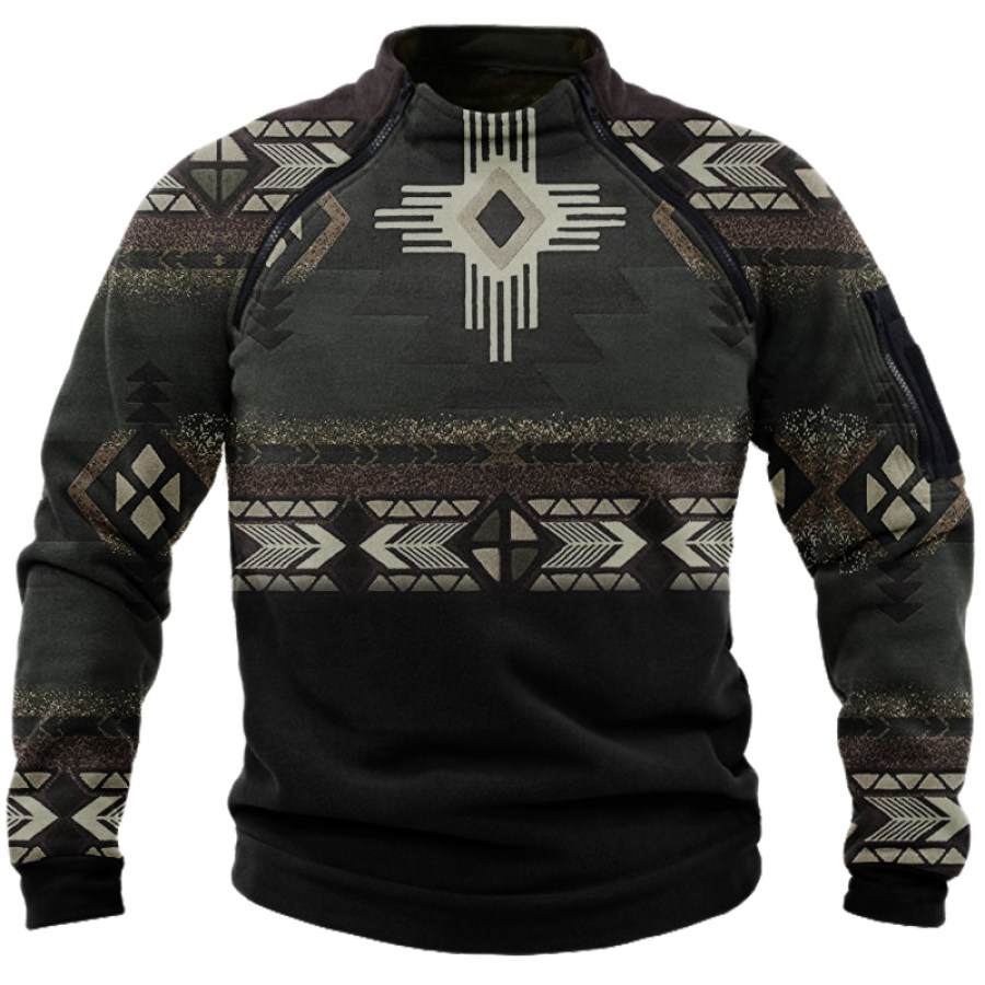 

Men's Aztec Zipper Stand Collar Plush Sweatshirt