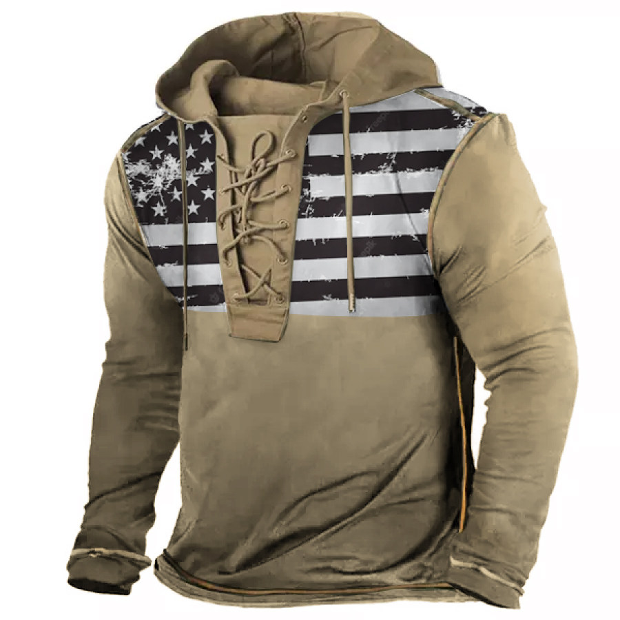 

Men's Vintage American Flag Print Drawstring Hooded Long Sleeve T-Shirt