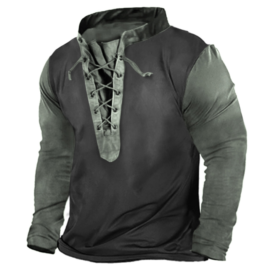 

Men's Vintage Drawstring Henley Collar Tactical Long Sleeve T-Shirt