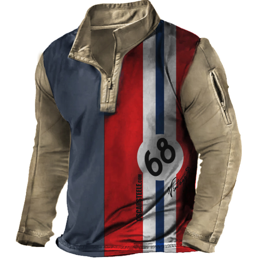 

Men's Vintage Racing Stripe Print Half Zip Collar Long Sleeve T-Shirt