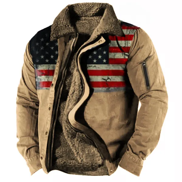 Men's Vintage American Flag Print Lining Plus Fleece Zipper Tactical Shirt Jacket - Salolist.com 