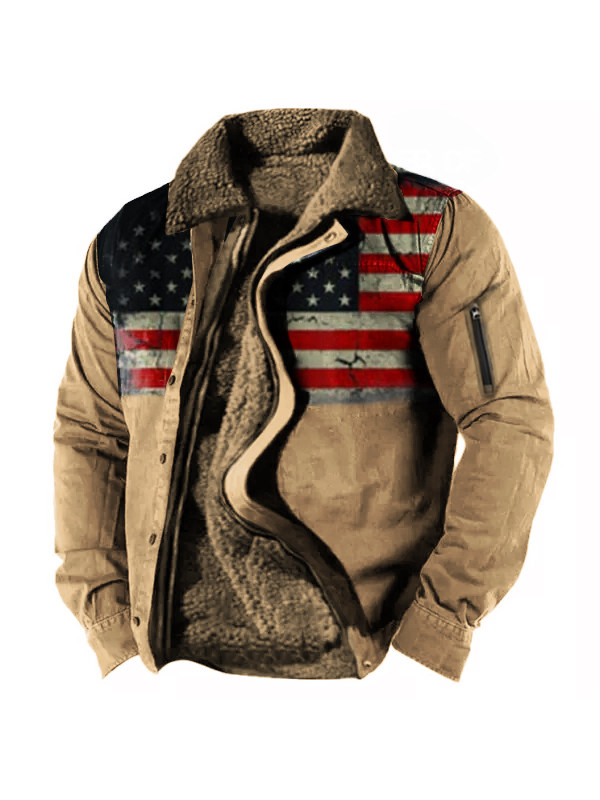 Men's Vintage American Flag Print Lining Plus Fleece Zipper Tactical Shirt Jacket