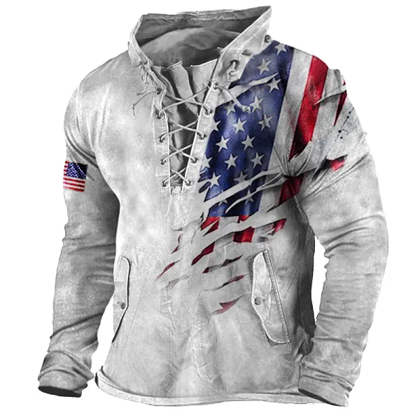 Men's Vintage American Flag Print Outdoor Tactical Lace-Up Hooded T-Shirt - Cotosen.com