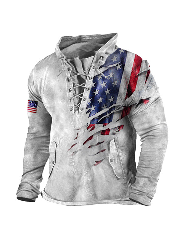 Men's Vintage American Flag Print Outdoor Tactical Lace-Up Hooded T-Shirt