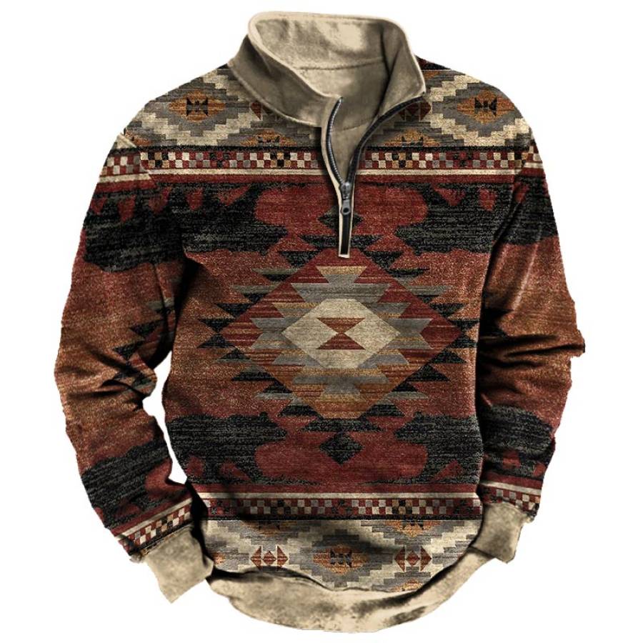 

Men's Vintage Ethnic Print Half Zip Sweatshirt