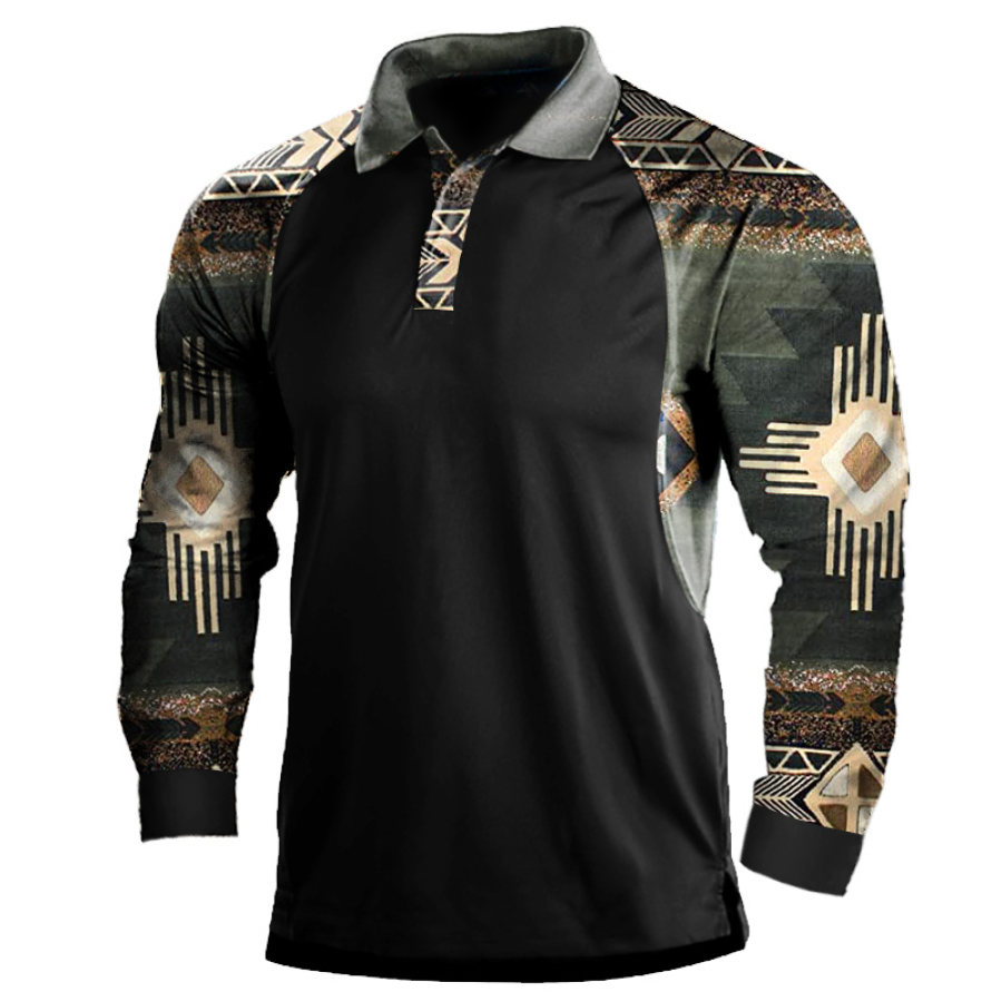 

Men's Patchwork Ethnic Print Polo Neck T-Shirt