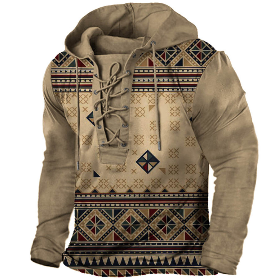 

Men's Vintage Ethnic Geometric Pattern Lace-Up Hooded T-Shirt