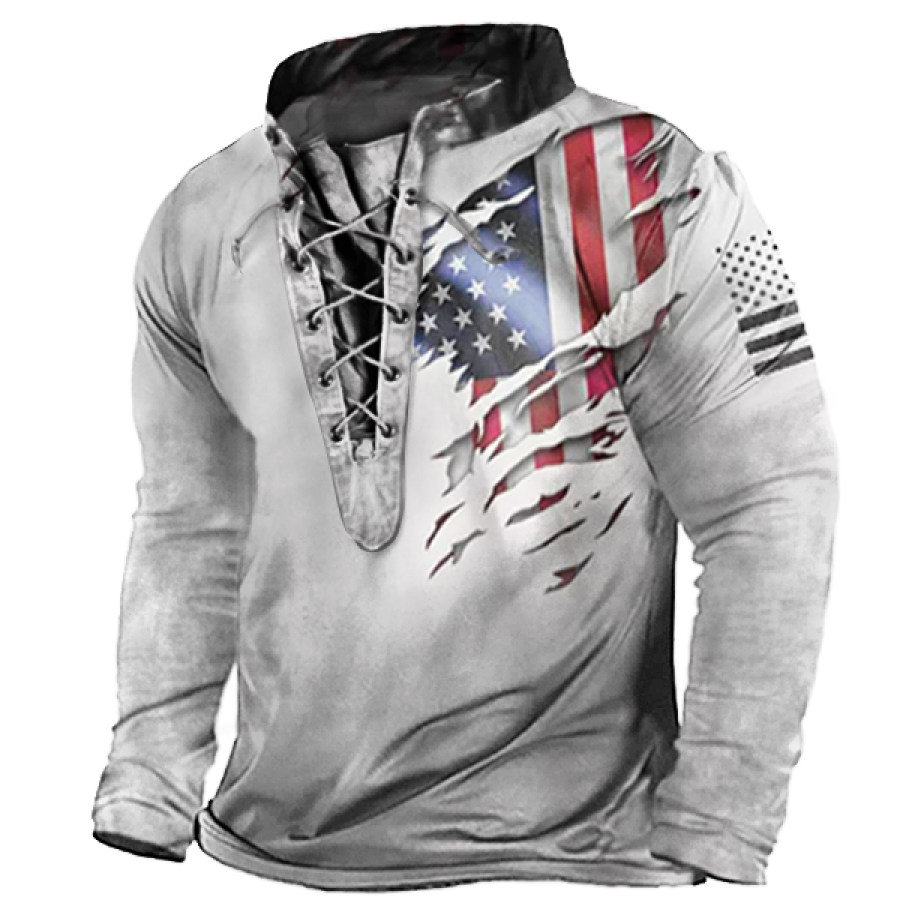 

Camiseta De Manga Larga Con Cuello Henley Y Cordones Con Estampado De Bandera Americana Vintage Para Hombre