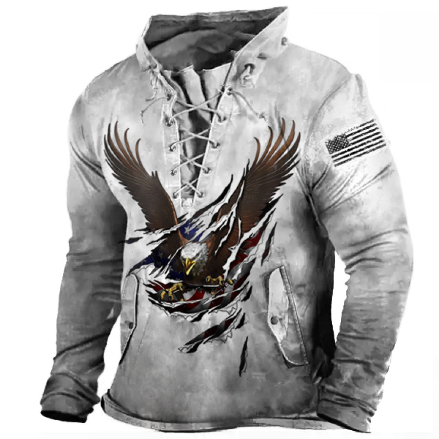 

Men's Vintage American Flag Liberty Eagle Print Lace-Up Hooded T-Shirt